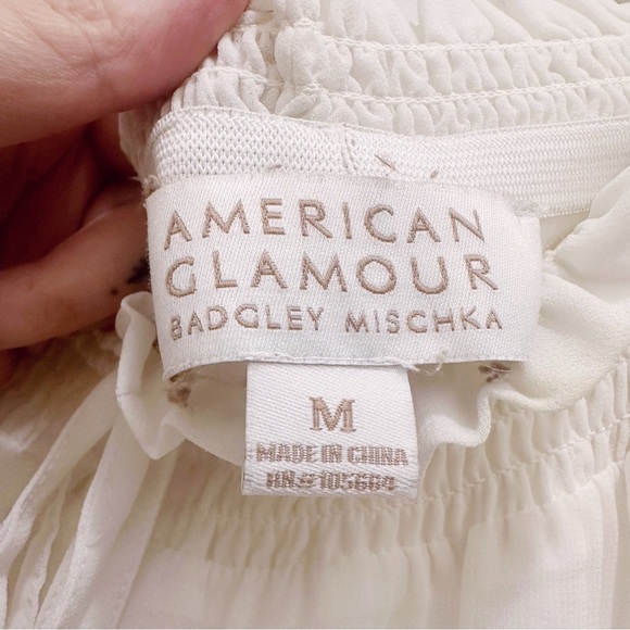 American Glamour Badgley Mischka Bohemian Shirred White Maxi Dress - Picture 4 of 7